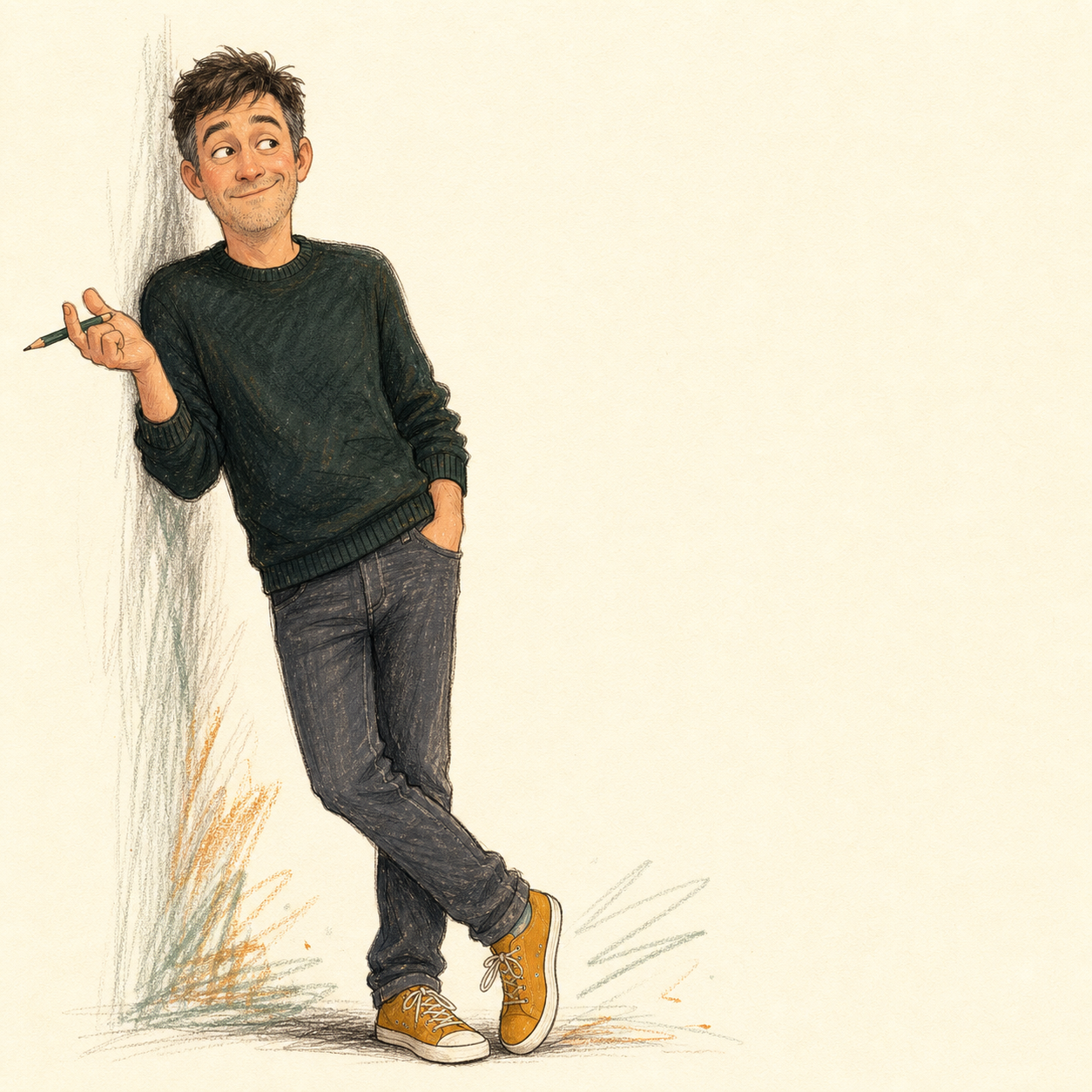 A hand-drawn Michael DeMarchis leaning playfully beside the introduction